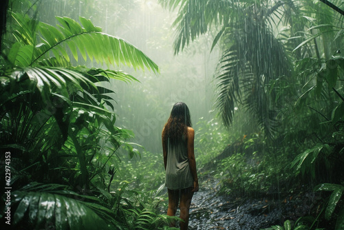 A girl stands in the rain in the jungle. Generative AI.