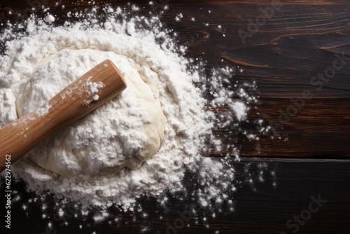 Rolling Pin And White Flour On A Dark Background, Generative AI 