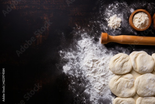 Rolling Pin And White Flour On A Dark Background, Generative AI 