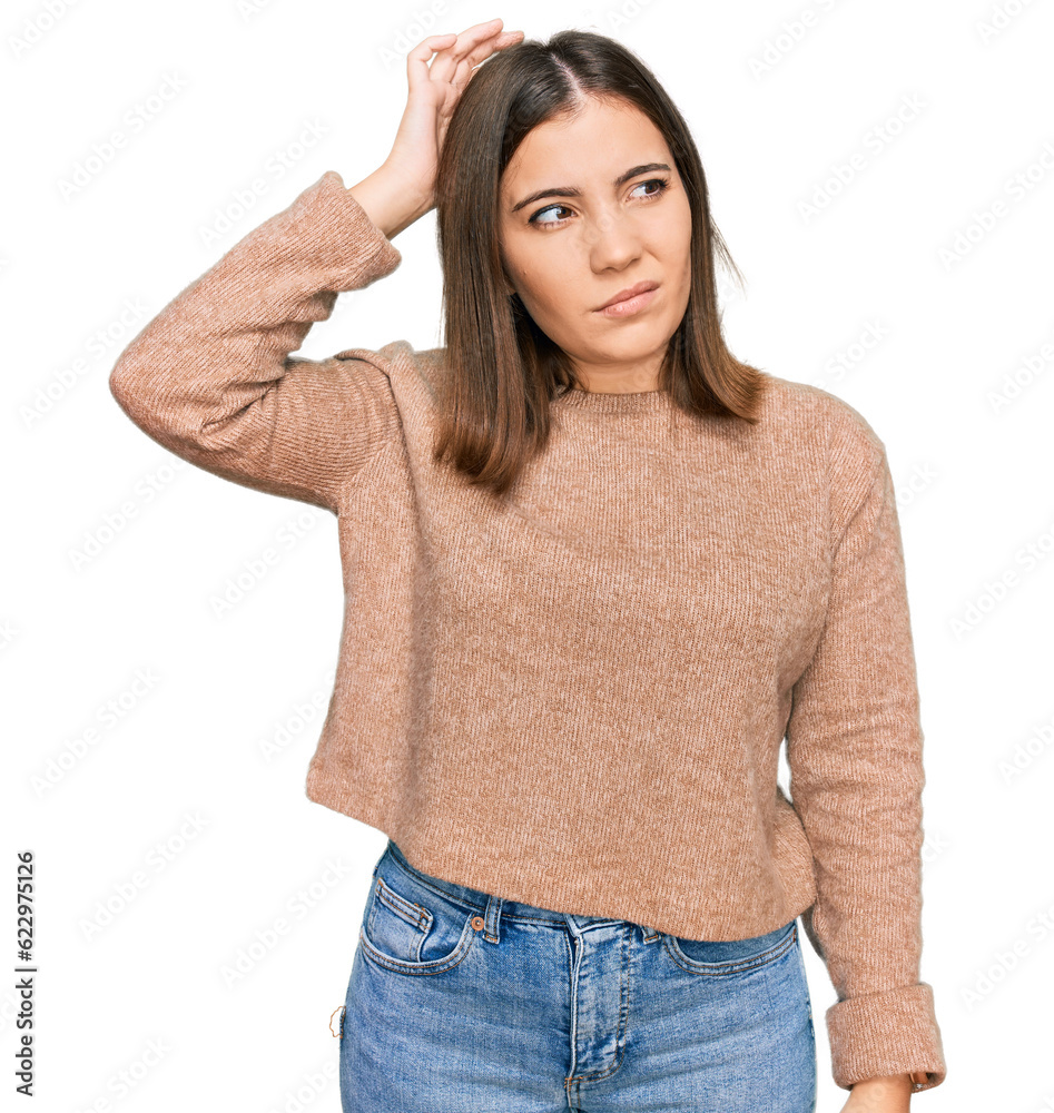 Fototapeta premium Young beautiful woman wearing casual clothes confuse and wondering about question. uncertain with doubt, thinking with hand on head. pensive concept.