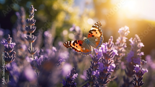 Beautiful Lavender color natural scenery with a butterfly on a flower - Generative Ai
