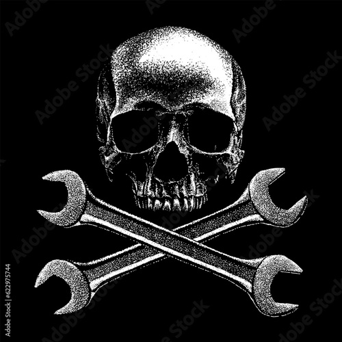 skull and crossing wrenchs hand drawing vector isolated on black background.