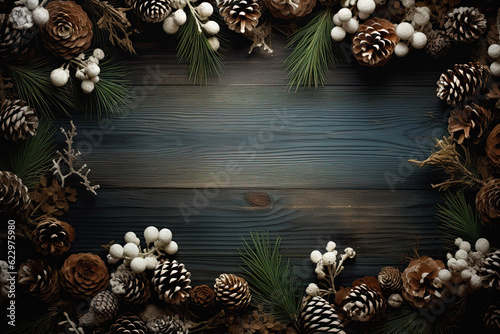 Winter leaves with pine cones and pine cones on wooden, christmas background, ai generative