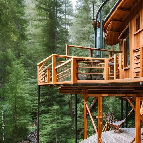128 A luxurious treehouse retreat nestled in a dense forest, featuring multi-level wooden structures, suspended bridges, and panoramic views of the lush green landscape2, Generative AI © ja