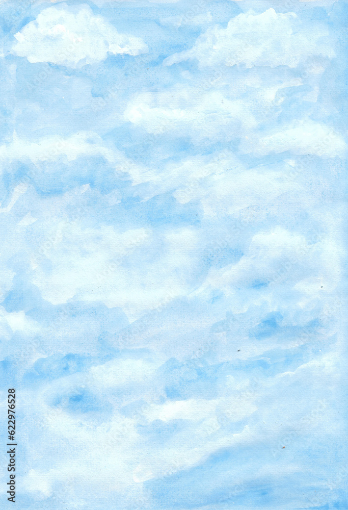 Watercolor painting nature background of soft blue sky on paper. Landscape. illustration for sky or cloudscape concept. copy space for the text. Hand painted texture style.