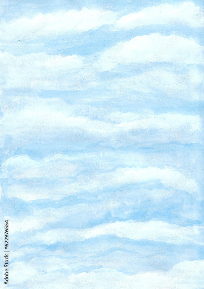 Obraz premium Watercolor painting nature background of soft blue sky on paper. Landscape. illustration for sky or cloudscape concept. copy space for the text. Hand painted texture style.