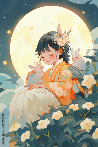 Mid-Autumn Festival girl holding a rabbit illustration, Chang'e flying to the moon