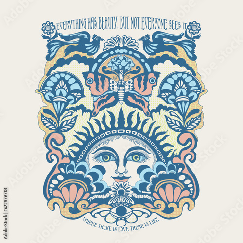 Positive thinking evokes more energy.Retro 70's psychedelic hippie mushroom illustration print with groovy slogan for man - woman graphic tee t shirt or sticker poster - Vector