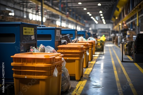 Recycling. Interior of a warehouse with yellow plastic boxes and garbage cans photo
