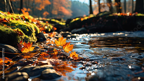 Falling maple leaves are blown away by the stream, ai generative