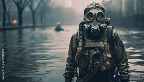 soldier in gas mask at war photo