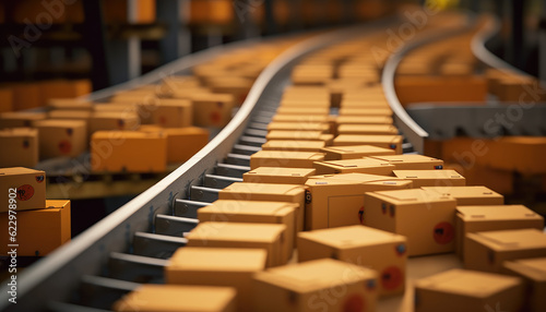 package cargo boxes on a conveyor belt, storage cargo transportation 