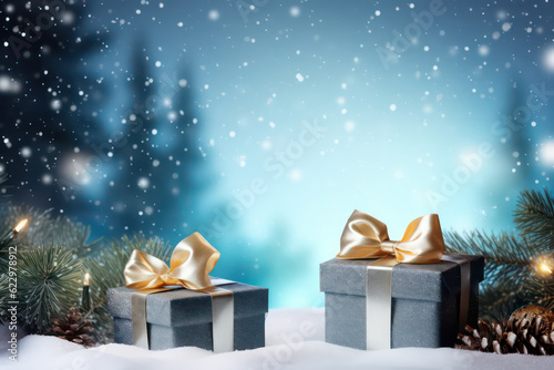 Gift box on snowfall background. Christmas theme. Generative ai. © tonktiti
