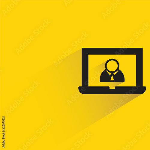 online conference in laptop with shadow on yellow background