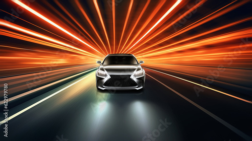 Speeding electric sports car on neon tunnel. Future supercar on a tunnel with colorful lights trails. 3D rendering.