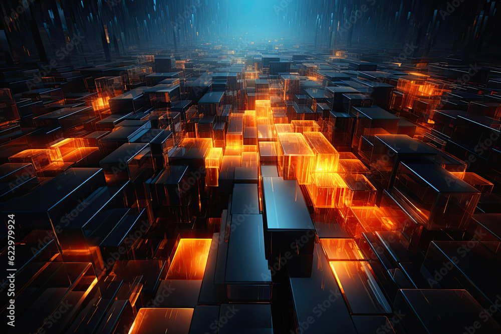 black and amber illuminated cubes. 3d background. ai generative black and amber illuminated cubes. 3d background. ai generative