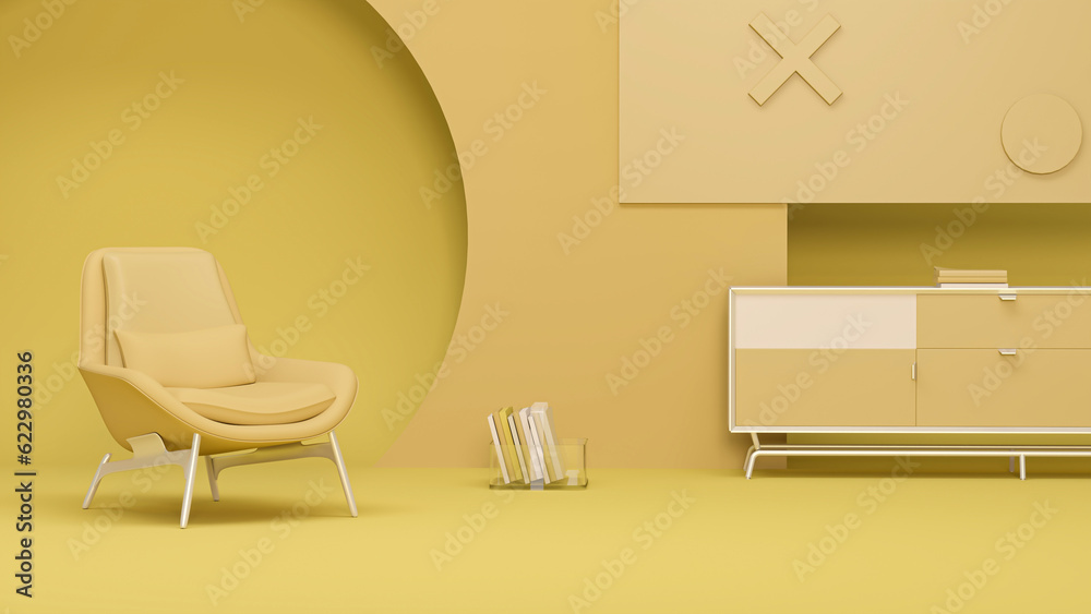 Creative interior design in yellow studio with lamp and armchair. Pastel pink color background. 3D rendering for web page, presentation or picture frame Creative interior design in yellow studio with lamp and armchair. Pastel pink color background. 3D rendering for web page, presentation or picture frame