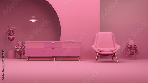 viva magenta is a trend colour year in the living room. Interior of the room in plain monochrome dark pink color with furnitures and chair, plant pot. 3d render	