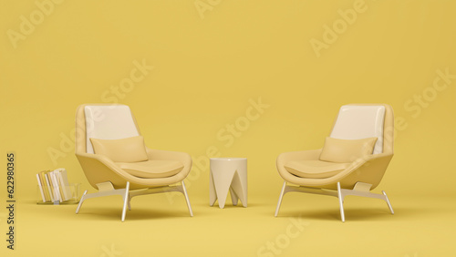 Creative interior design in yellow studio with lamp and armchair. Pastel pink color background. 3D rendering for web page, presentation or picture frame 