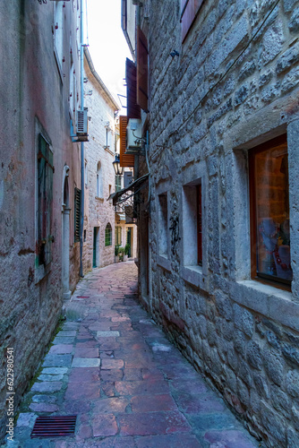 Street view of old city Kotor in Montenegro, medieval european architecture, balkan travel © soleg