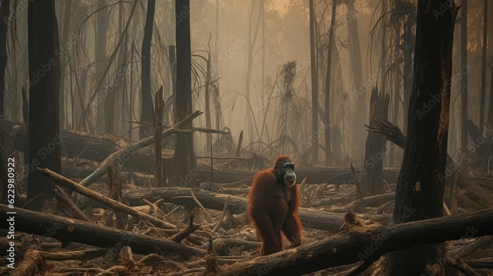 Borneo and Sumatran orangutan habitat is lost and burned Stock