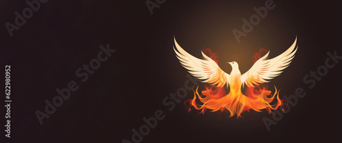 Winged dove in flames, a representation of the New Testament Holy Spirit with copy space