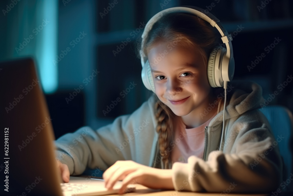 preteen schoolgirl doing her homework or studying with digital tablet at home. generative AI preteen schoolgirl doing her homework or studying with digital tablet at home. generative AI