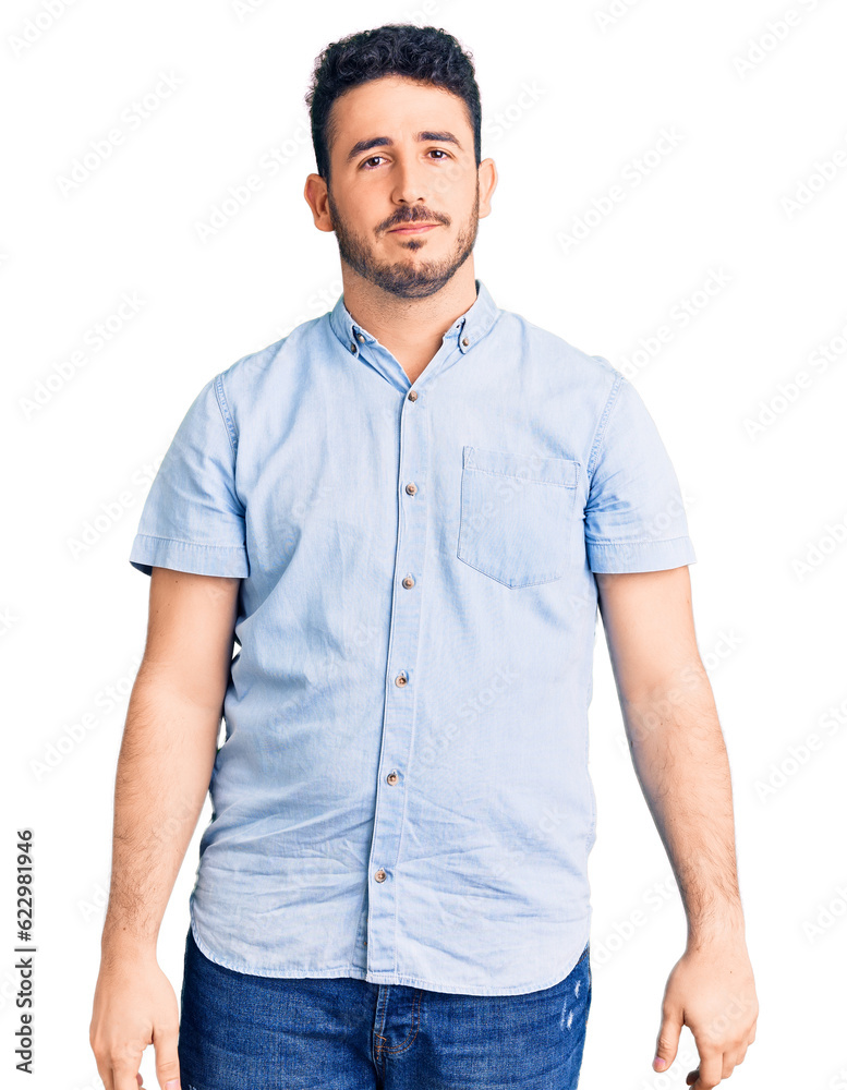 Fototapeta premium Young hispanic man wearing casual clothes with serious expression on face. simple and natural looking at the camera.