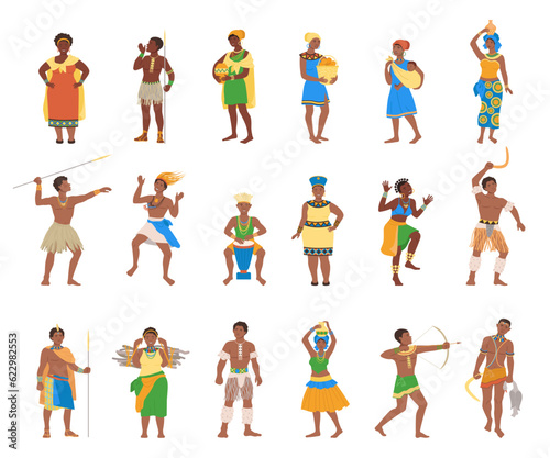 Barefoot African Aboriginal People Character Dressed in Traditional Tribal Clothing Vector Illustration Set