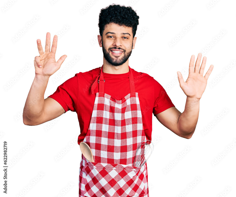 Young arab man with beard wearing cook apron showing and pointing up with fingers number nine while smiling confident and happy. Young arab man with beard wearing cook apron showing and pointing up with fingers number nine while smiling confident and happy.