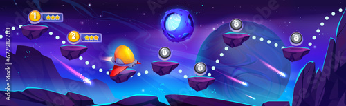 Galaxy space vector map level game ui background. Fantasy alien spaceship flying on asteroid platform road extraterrestrial concept for childish arcade videogame. Futuristic score interface asset