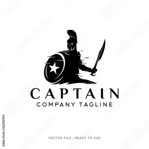 Spartan knight with shield and sword silhouette vector, Sparta captain logo design with star on shield. Suitable for poster, flyer, greeting cards, sticker, social media and t-shirt design