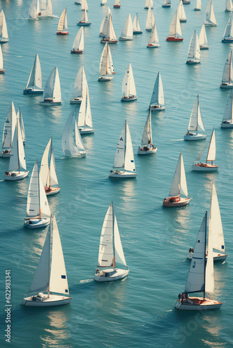 Aerial view Beautiful sailboats sailing in a team, Racing sail boats, ships race in the ocean waves, Travel and tourism at sea, AI Generative.