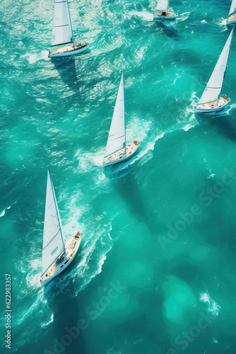 Aerial view Beautiful sailboats sailing in a team, Racing sail boats, ships race in the ocean waves, Travel and tourism at sea, AI Generative.
