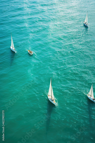 Aerial view Beautiful sailboats sailing in a team, Racing sail boats, ships race  in the ocean waves, Travel and tourism at sea, AI Generative. © Viktoriia