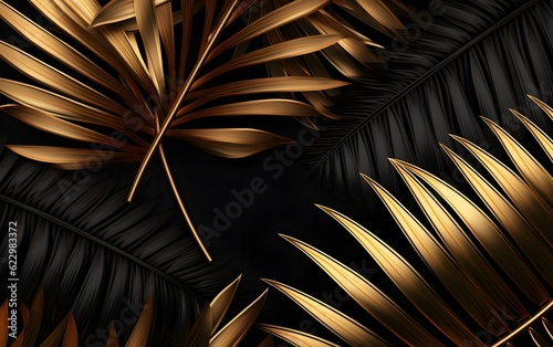 Shiny glossy golden painted tropical date palm and monstera leaves background. Empty space for text generative ai photo