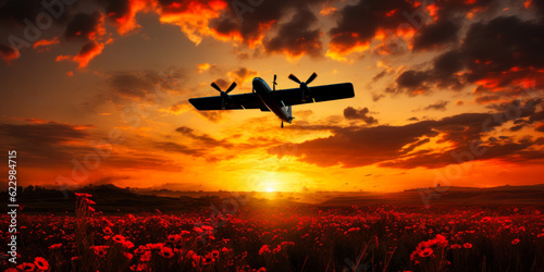 Tribute to the Fallen: Poppy Field and Historic WW2 Plane during Remembrance Day Sunset. Lest we Forget, WWII plane flying across as the sun goes down. Anzac Day