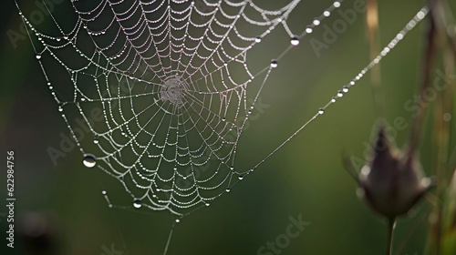 Close-up of spiderweb covered in dewdrops in nature