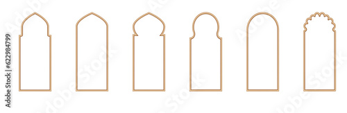 Gold islamic window shape. Arabic door frame. Islamic arhitecture elements of window and door.