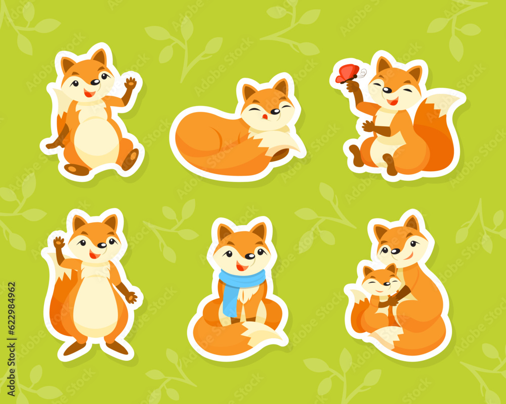 Obraz premium Cute Red Fox Animal with Bushy Tail Vector Sticker Set