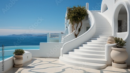 White Stairs on a Mediterranean island, blue skies and clear water