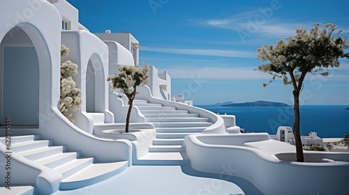 White stairs of a luxurious modern villa in Greece, offering a path to the sea under a blue sky..