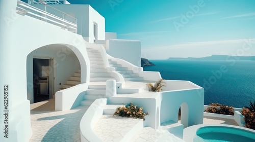 White stairs of a luxurious modern villa in Greece, offering a path to the sea under a blue sky..