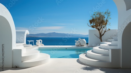 White stairs of a luxurious modern villa in Greece  offering a path to the sea under a blue sky..