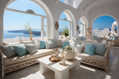 A detailed view features a luxurious modern villa's living room in Greece with grand windows and designer furnishings. © aboutmomentsimages