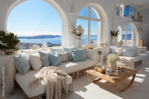 A detailed view features a luxurious modern villa s living room in Greece with grand windows and designer furnishings.