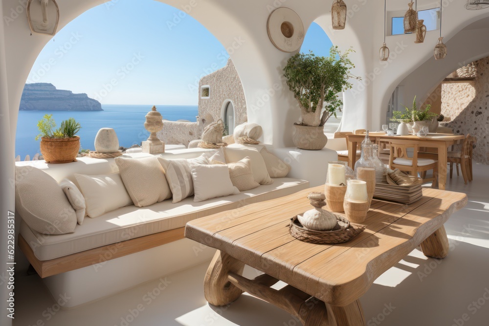 Fototapeta premium A wide view captures a luxurious modern villa's living room on a Greek island, focusing on grand windows and luxurious furnishings.