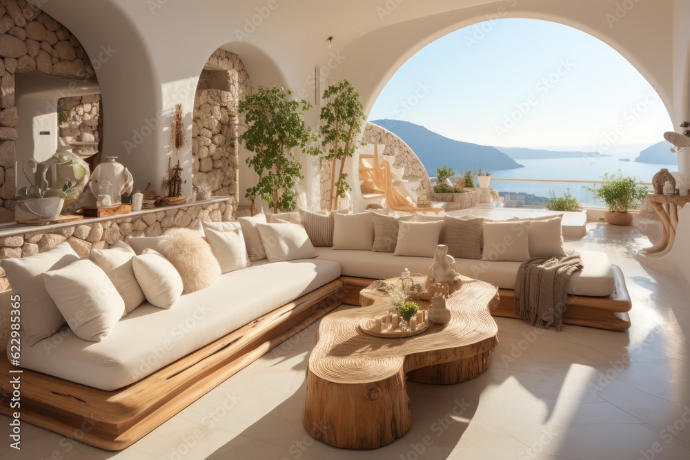 A wide view captures a luxurious modern villa's living room on a Greek island, focusing on grand windows and luxurious furnishings.