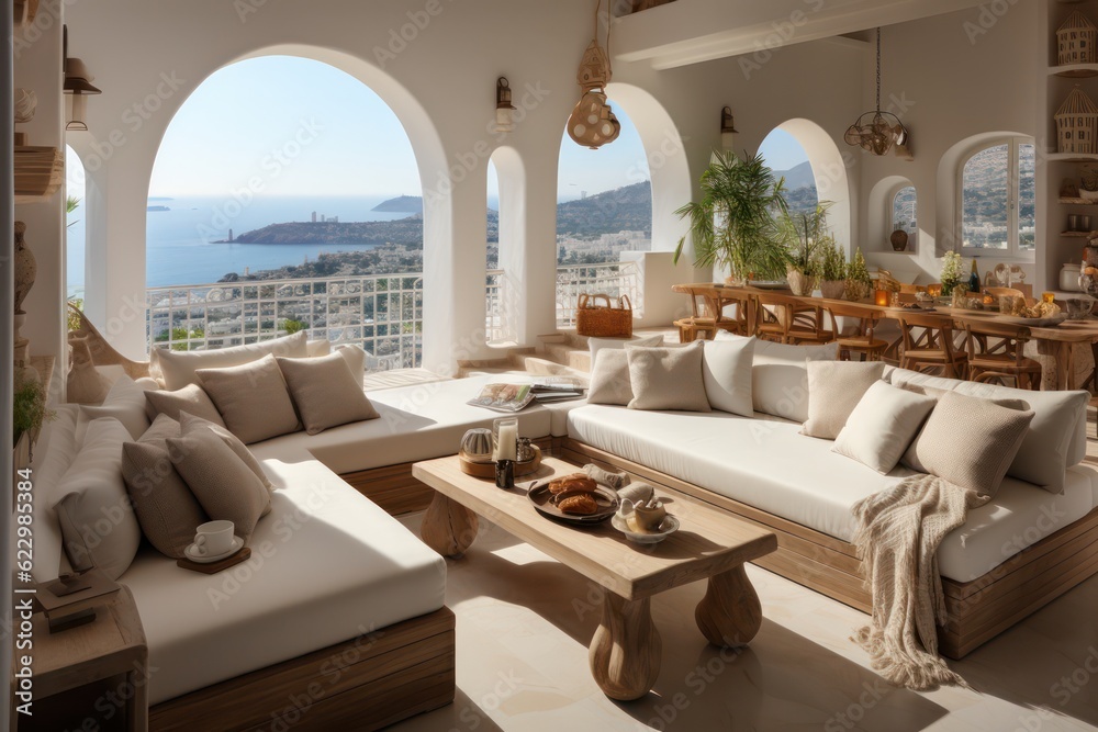 A wide view captures a luxurious modern villa's living room on a Greek island, focusing on grand windows and luxurious furnishings.