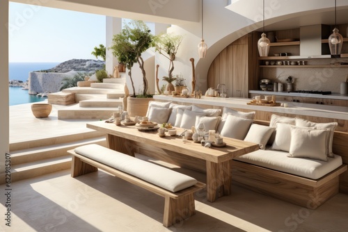 A wide view captures a luxurious modern villa's living room on a Greek island, focusing on grand windows and luxurious furnishings. © aboutmomentsimages